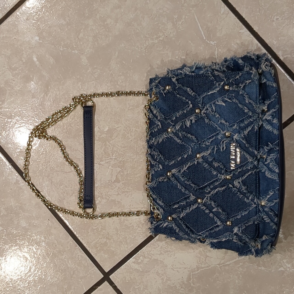 Twin-Set Blue Quilted Denim Shoulder Bag with Gold Chain